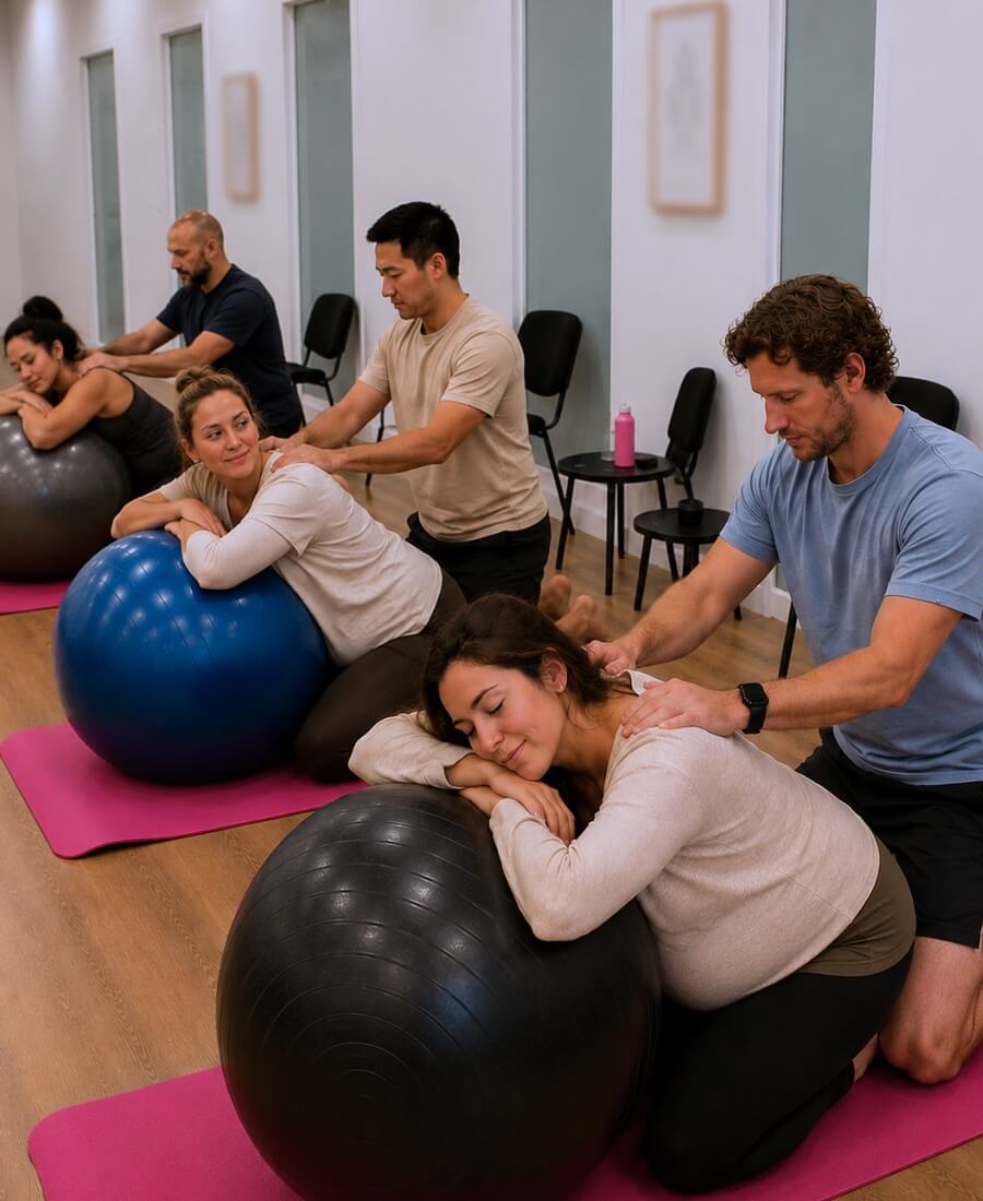 Pregnant women leaning comfortably on birth balls while their partners practise massage and acupressure techniques during a Calmbirth® birth preparation class on the Central Coast.