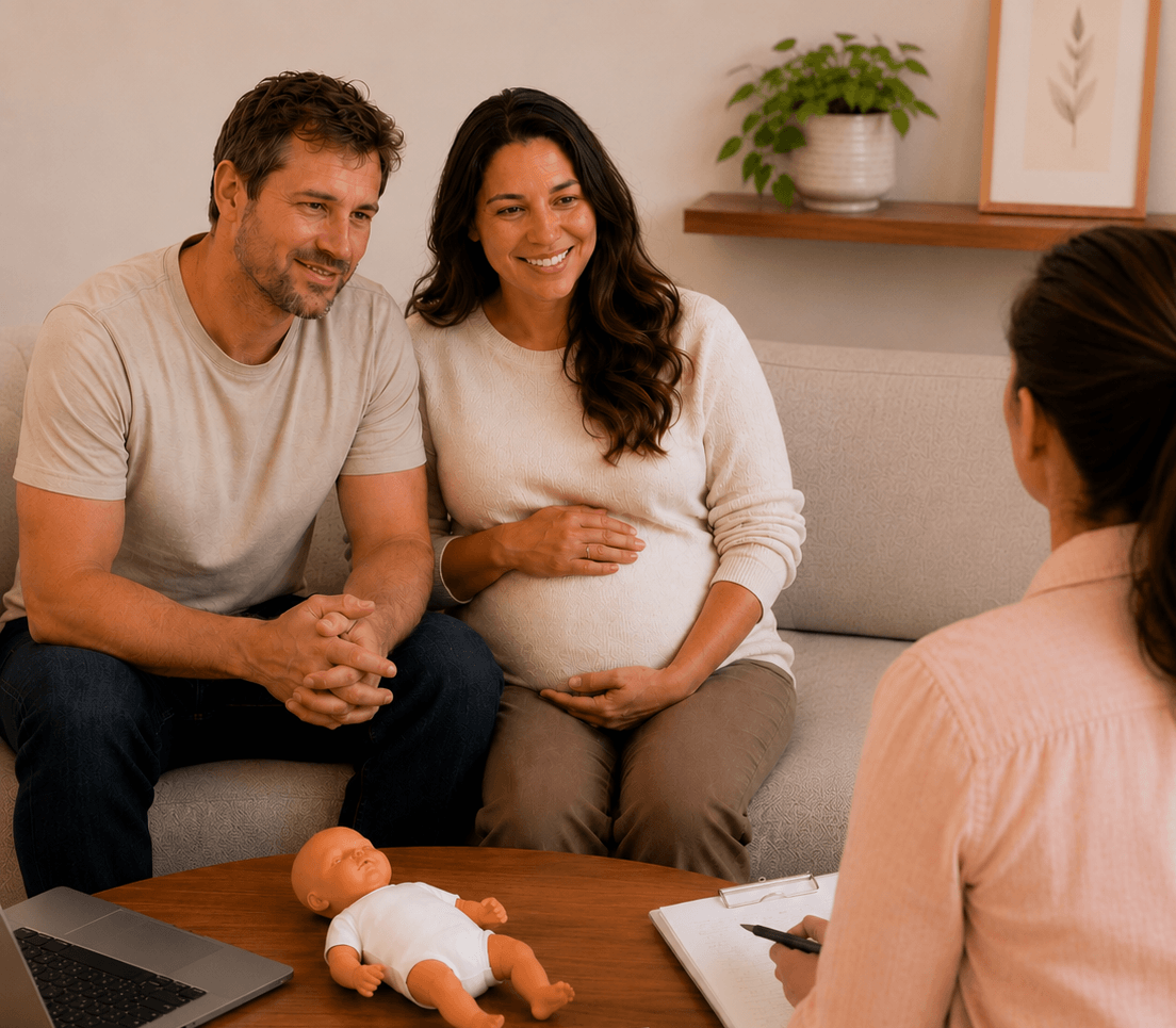 Private Calmbirth® childbirth education session on the Central Coast, with a pregnant couple meeting one-on-one with a childbirth educator to prepare for labour, birth