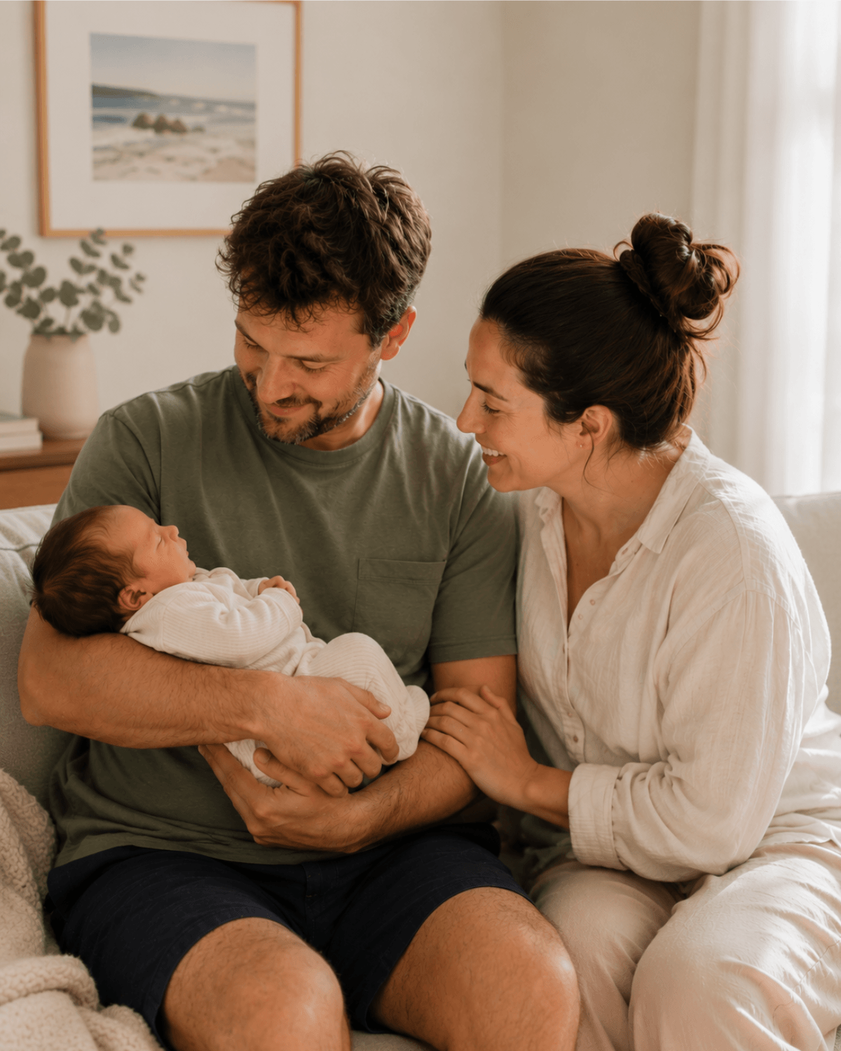 New parents cuddling newborn baby