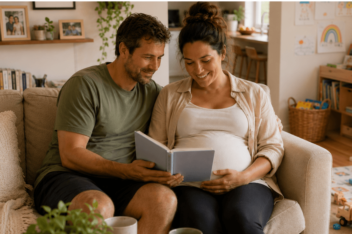Pregnant couple preparing for subsequent birth with a refresher session